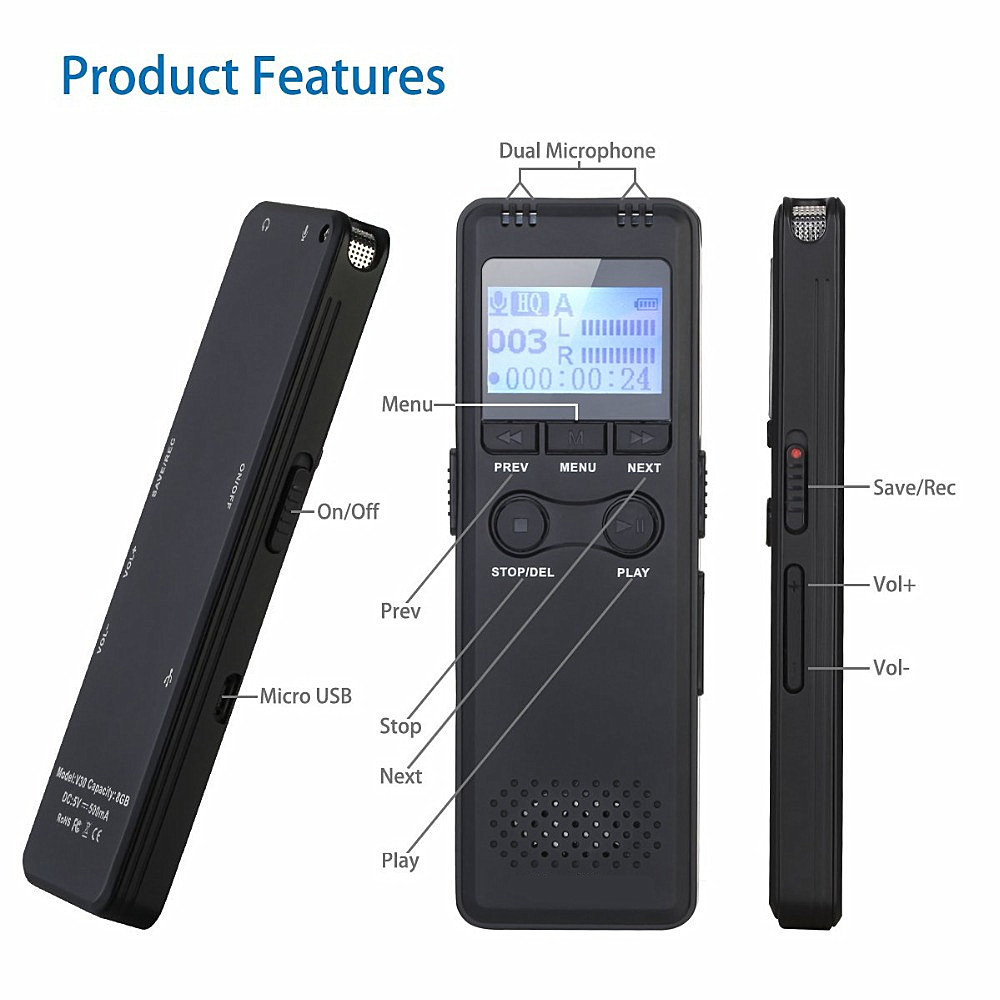 Portable Voice Activation Recording Hd Hifi Recorder MP3 Noise Reduction- Black 1+8GB Portable Voice Activation Recording Hd Hifi Recorder MP3 Noise Reduction- Black 1+8GB