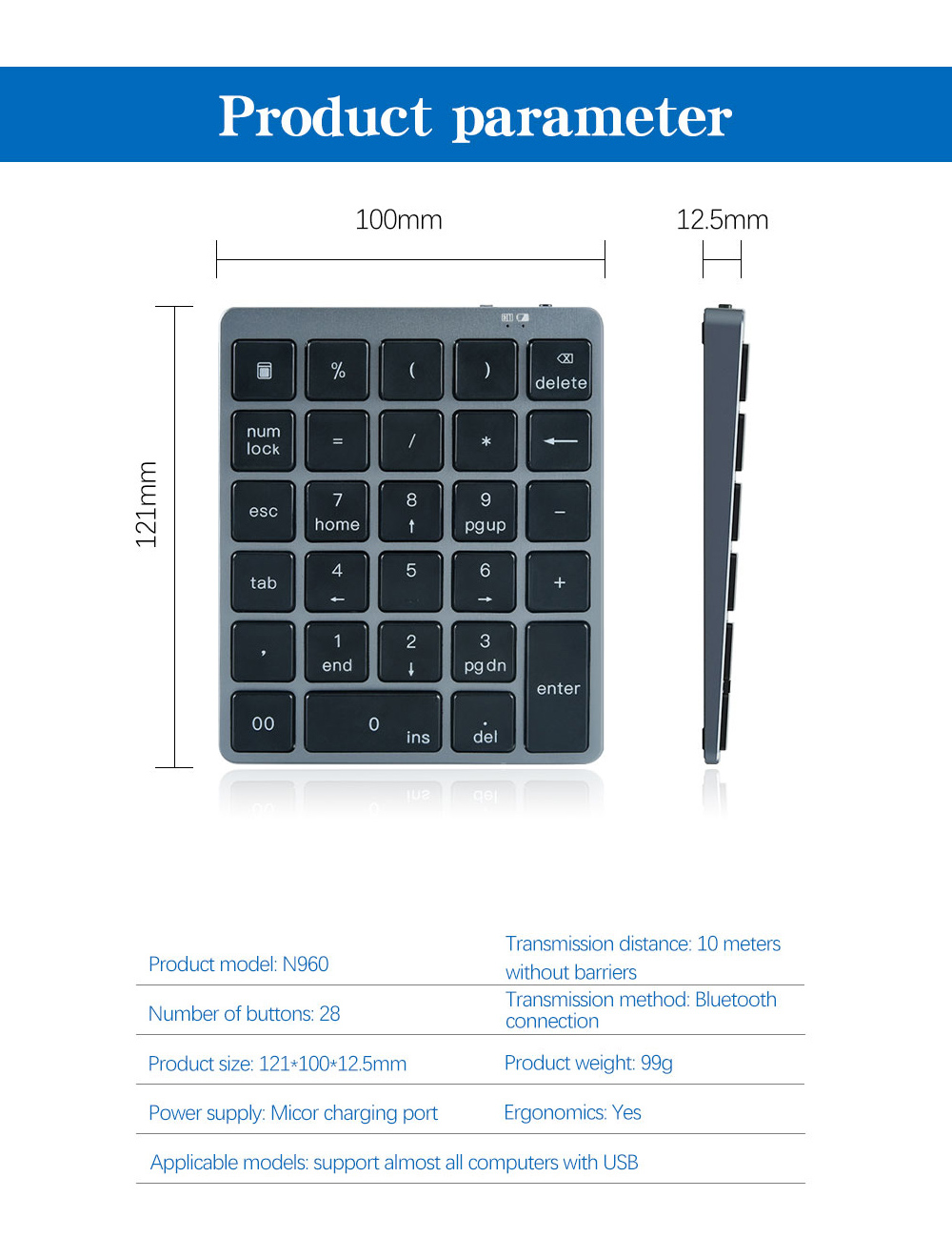 N960 Wireless 28-key Numeric Keypad Office Aluminum Bluetooth Wireless Charging Numeric Keypad Slim Mini - Black N960 Wireless 28-key Numeric Keypad Office Aluminum Bluetooth Wireless Charging Numeric Keypad Slim Mini - Black