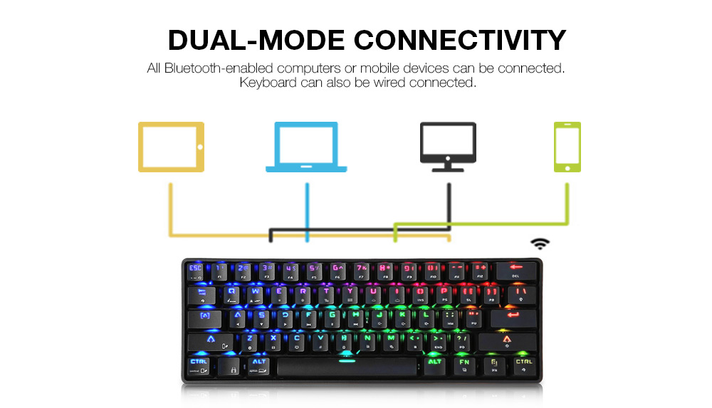 DK61 BT4.0 Wired Dual-mode Mechanical Keyboard 61 Keys RGB Light for Windows / Mac OS / Android- Black Blue Switch DK61 BT4.0 Wired Dual-mode Mechanical Keyboard 61 Keys RGB Light for Windows / Mac OS / Android- Black Blue Switch